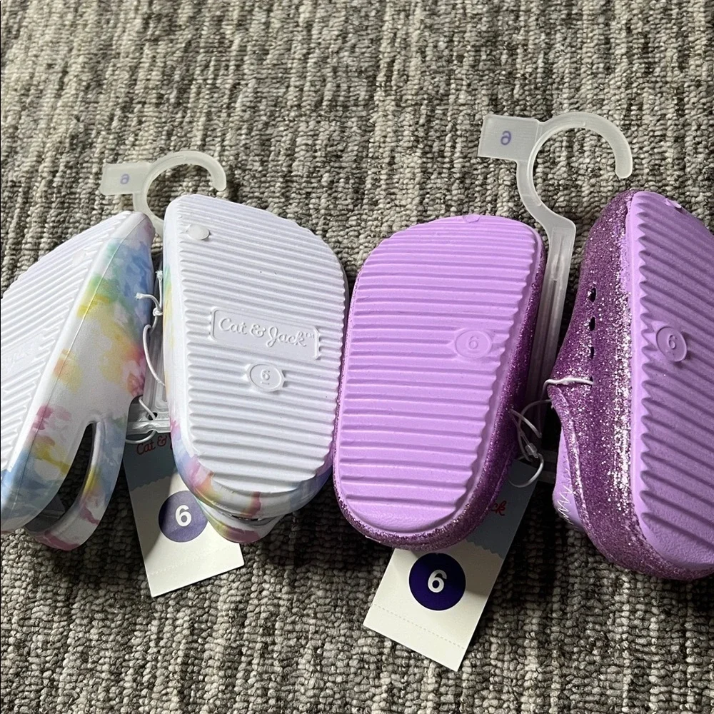 Cat & Jack  Kids Purple Glitter and Colorful Tie-Dye bundle Slippers Size 6